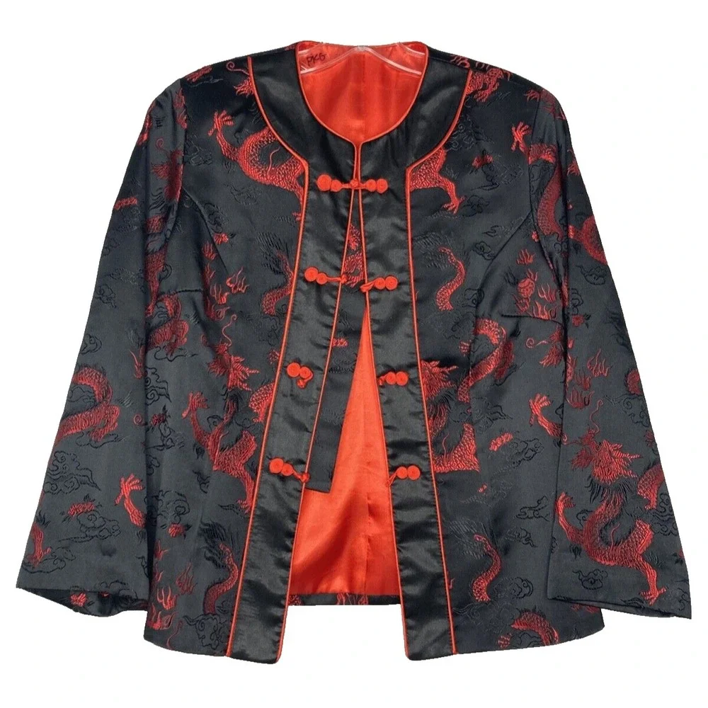 Oriental Jacket Dragon Black Red No Collar Loop Button Lined Long Slv S/M